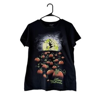 Gildan Softstyle Happy Halloween Black Pumpkin Witch T Shirt Womens Size Large